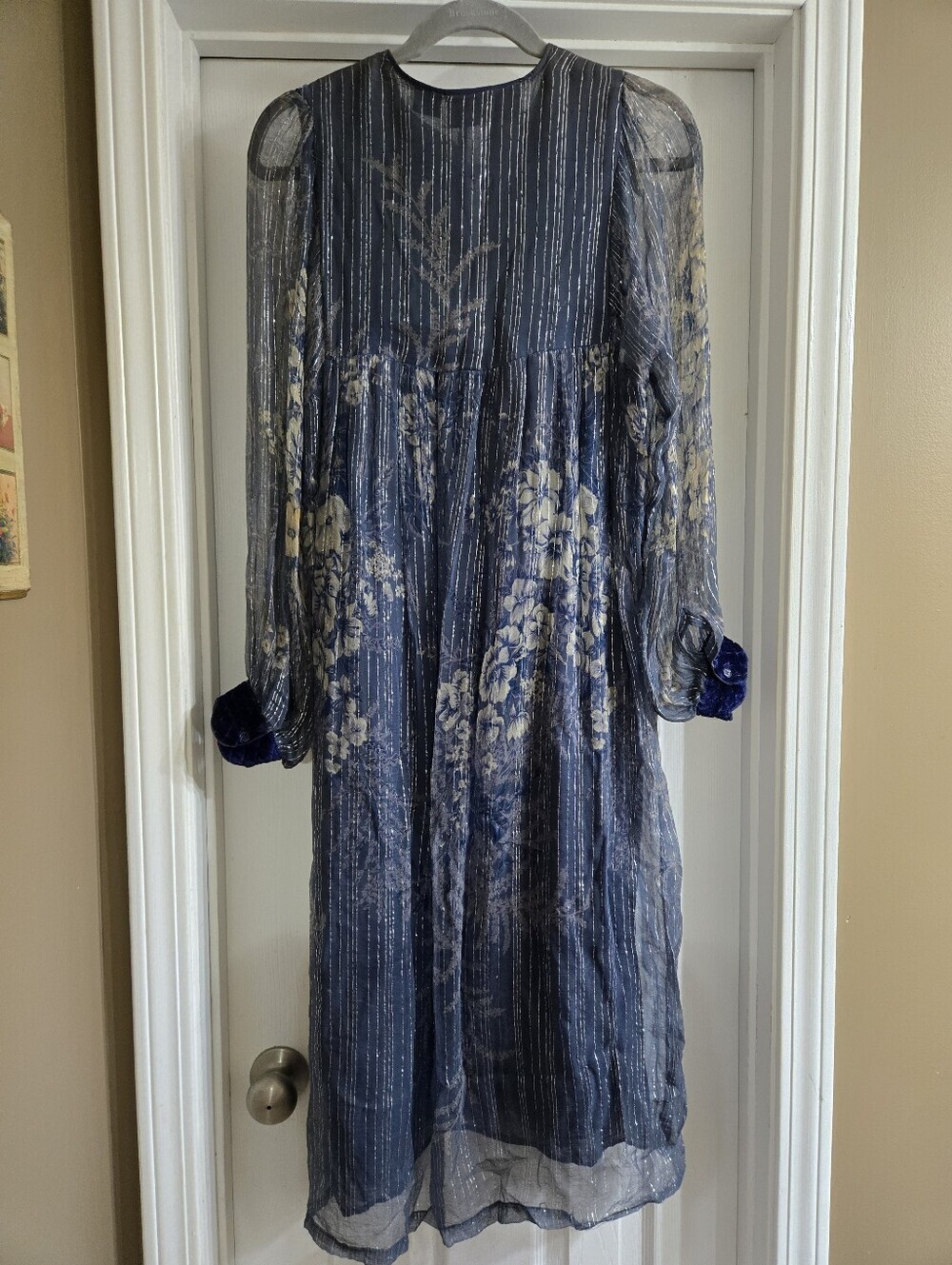 RARE Vintage 1970s Her Excellency Dress Navy/Gold Velvet Neck and Sleeves Size S - Picture 10 of 10